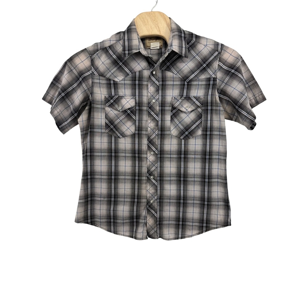 Wrangler Western Shirt XL Cotton Poly Grey Plaid Pearl‎ Snap Cowboy Gorpcore